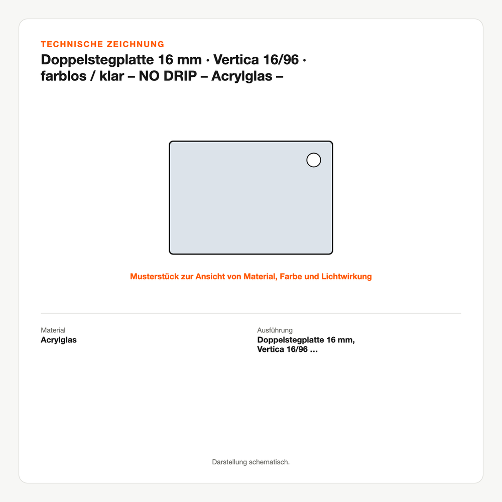 Technische Zeichnung: Doppelstegplatte 16 mm | Vertica 16/96 | farblos / klar – NO DRIP – Acrylglas – MUSTER