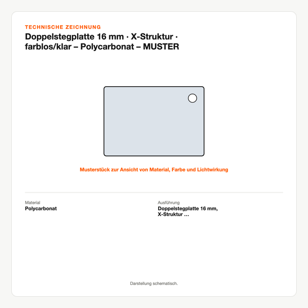 Technische Zeichnung: Doppelstegplatte 16 mm | X-Struktur | farblos/klar – Polycarbonat – MUSTER