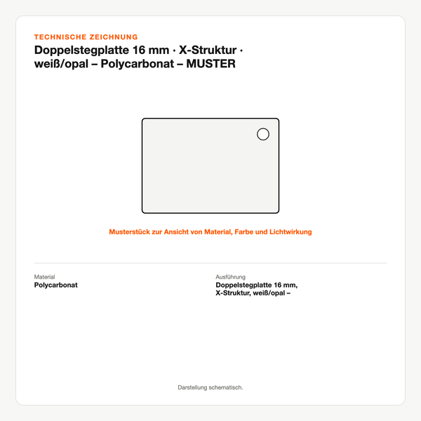 Technische Zeichnung: Doppelstegplatte 16 mm | X-Struktur | weiß/opal – Polycarbonat – MUSTER