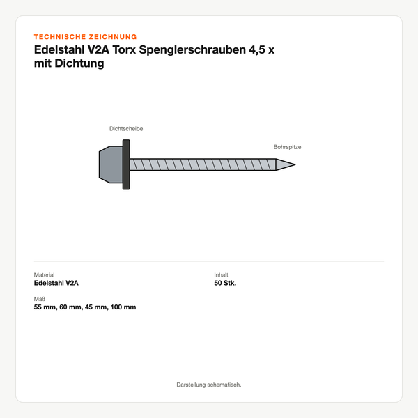 Technische Zeichnung: Edelstahl V2A Torx Spenglerschrauben 4,5 x mit Dichtung