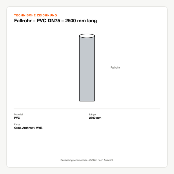 Technische Zeichnung: Fallrohr – PVC DN75 – 2500 mm lang