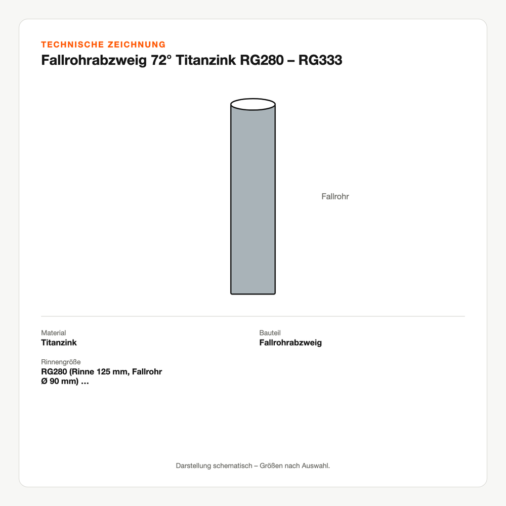 Technische Zeichnung: Fallrohrabzweig 72° Titanzink RG280 – RG333