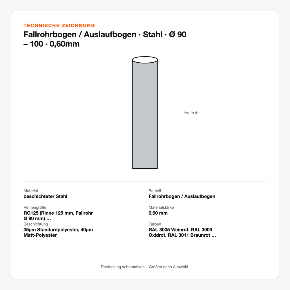Technische Zeichnung: Fallrohrbogen / Auslaufbogen | Stahl | Ø 90 – 100 | 0,60mm
