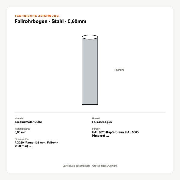 Technische Zeichnung: Fallrohrbogen | Stahl | 0,60mm