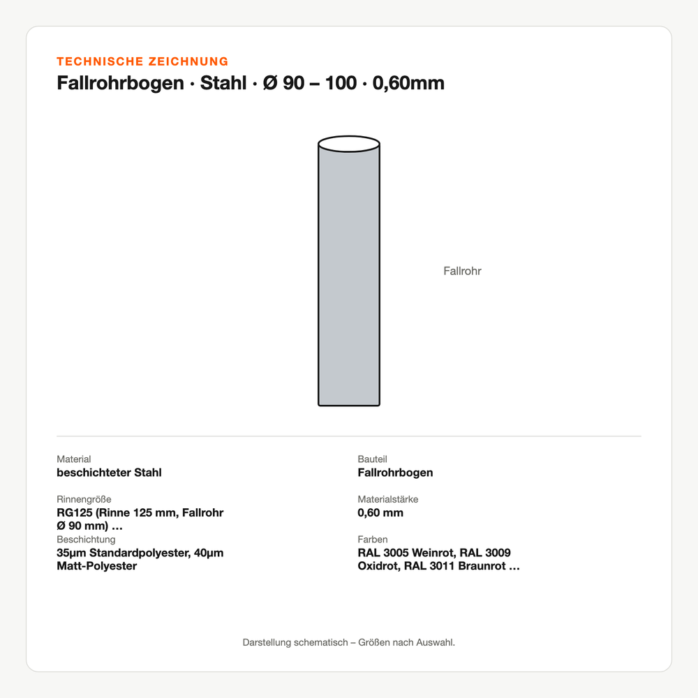 Technische Zeichnung: Fallrohrbogen | Stahl | Ø 90 – 100 | 0,60mm