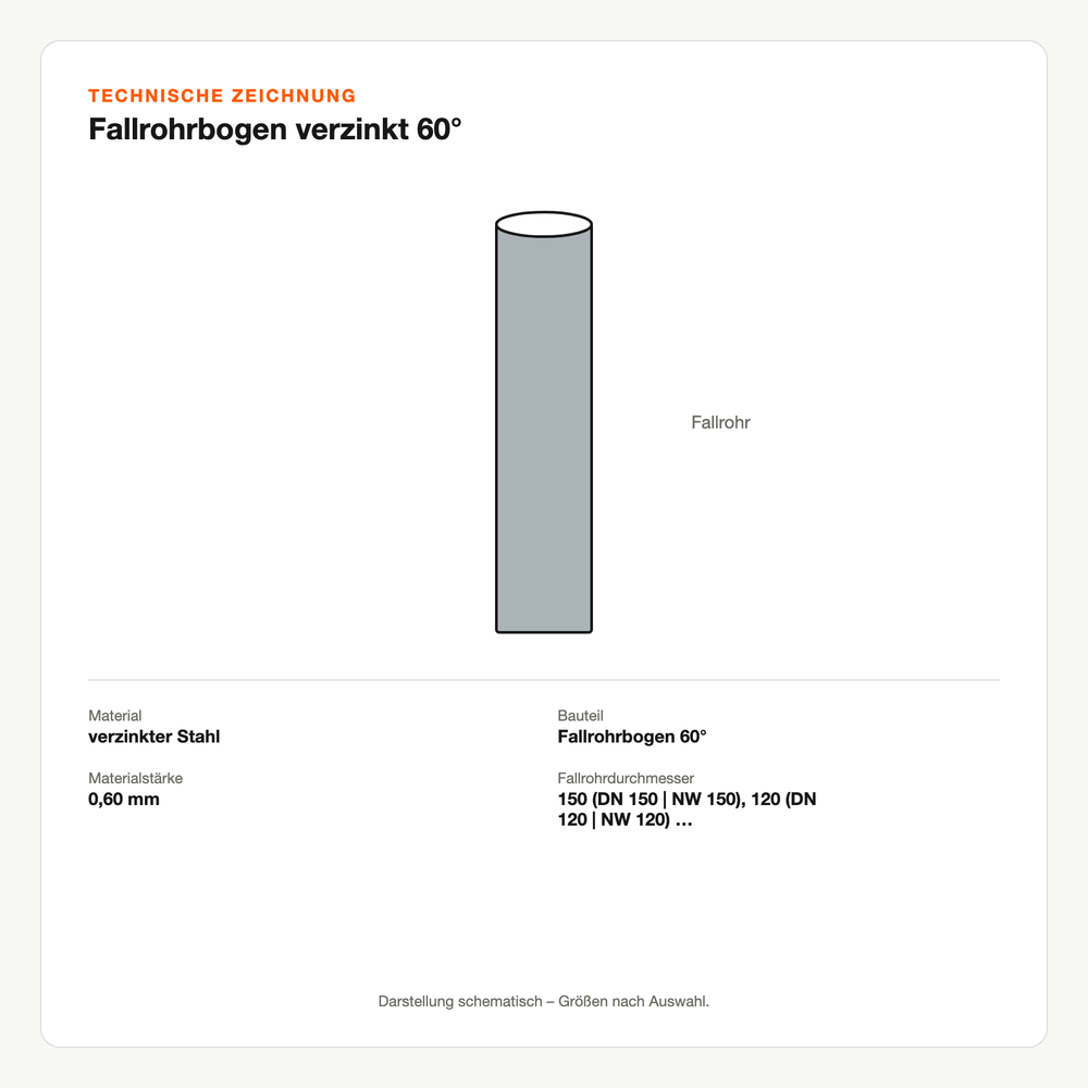 Technische Zeichnung: Fallrohrbogen verzinkt 60°