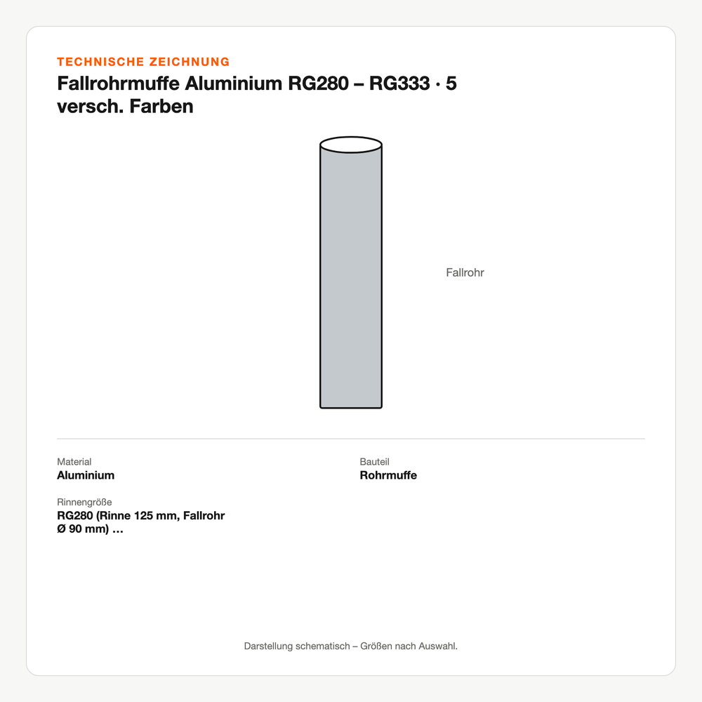 Technische Zeichnung: Fallrohrmuffe Aluminium RG280 – RG333 | 5 versch. Farben