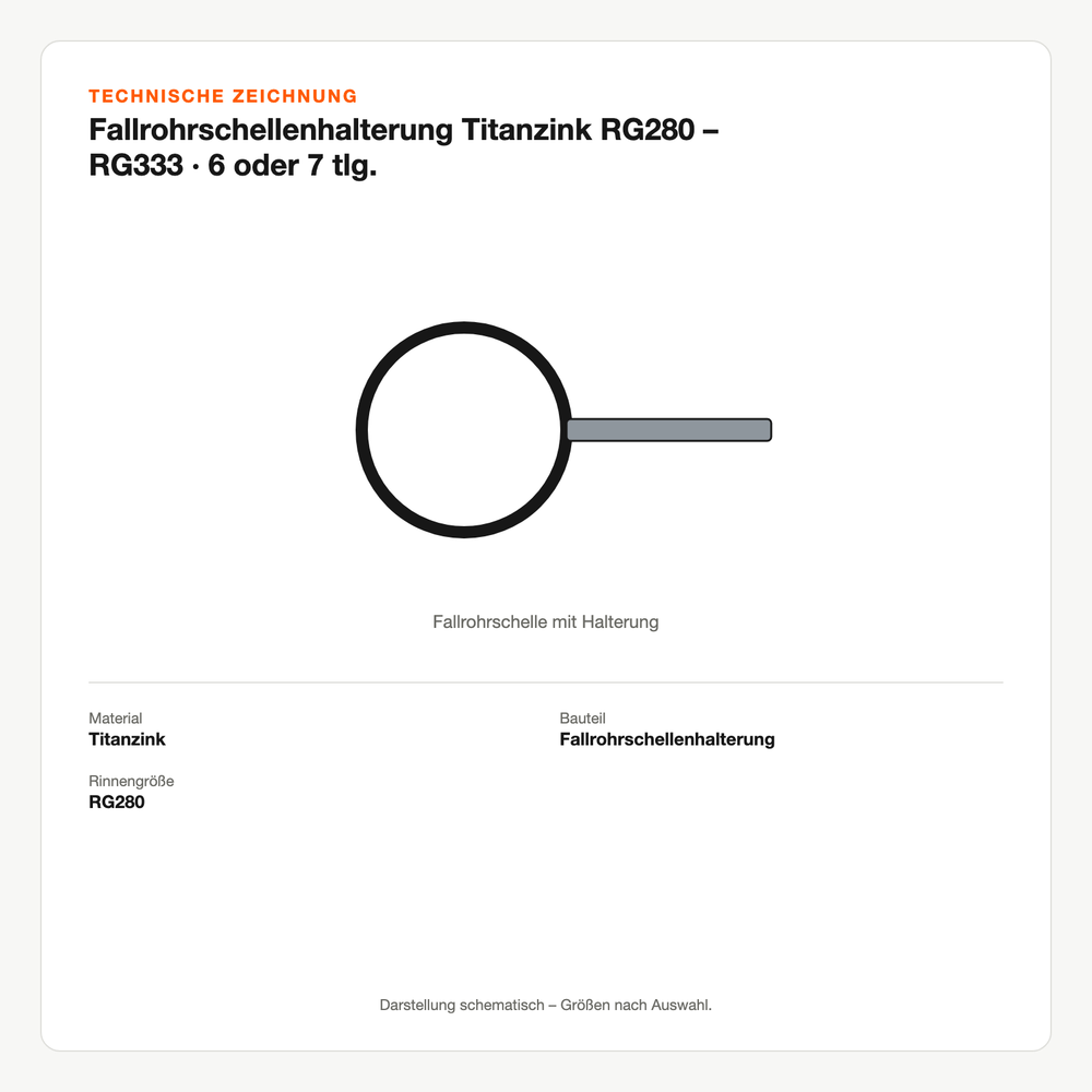 Technische Zeichnung: Fallrohrschellenhalterung Titanzink RG280 – RG333 | 6 oder 7 tlg.