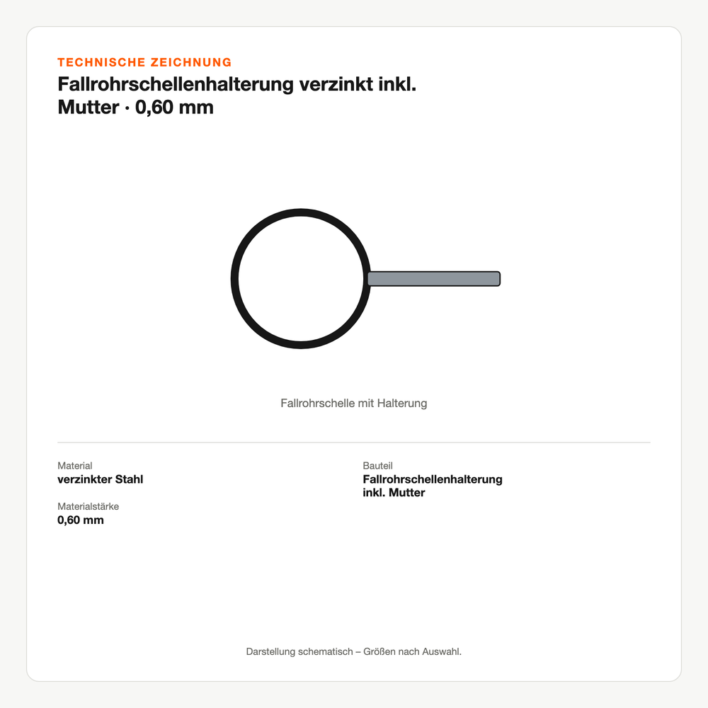 Technische Zeichnung: Fallrohrschellenhalterung verzinkt inkl. Mutter | 0,60 mm