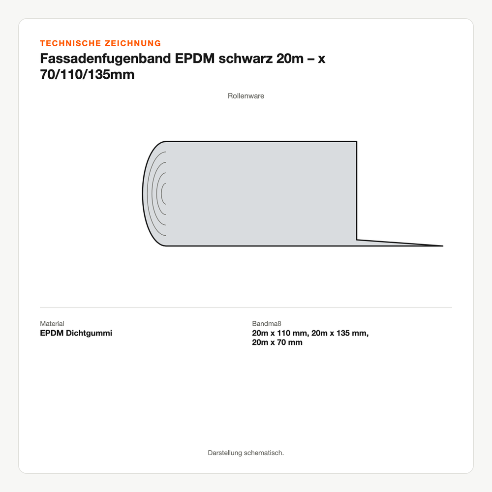Technische Zeichnung: Fassadenfugenband EPDM schwarz 20m – x 70/110/135mm