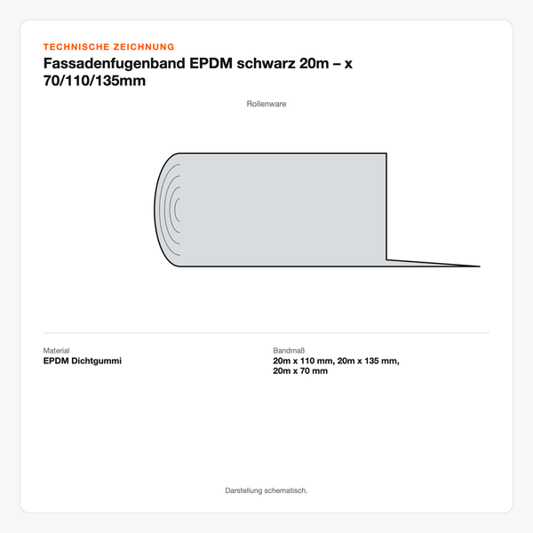 Technische Zeichnung: Fassadenfugenband EPDM schwarz 20m – x 70/110/135mm