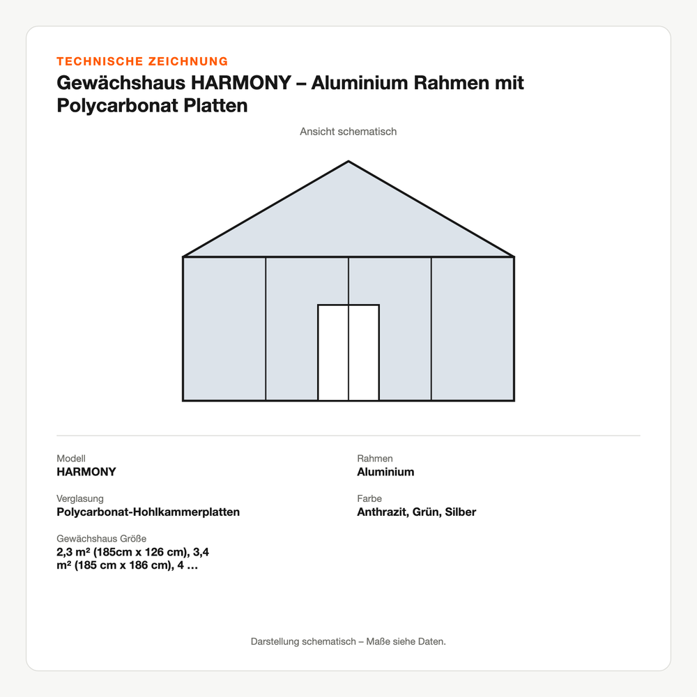 Technische Zeichnung: Gewächshaus HARMONY – Aluminium Rahmen mit Polycarbonat Platten