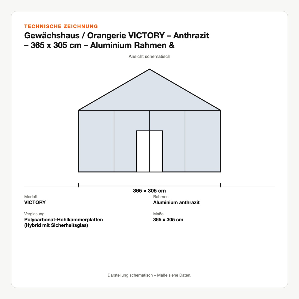 Technische Zeichnung: Gewächshaus / Orangerie VICTORY – Anthrazit – 365 x 305 cm – Aluminium Rahmen & Hohlkammerplatten Hybrid