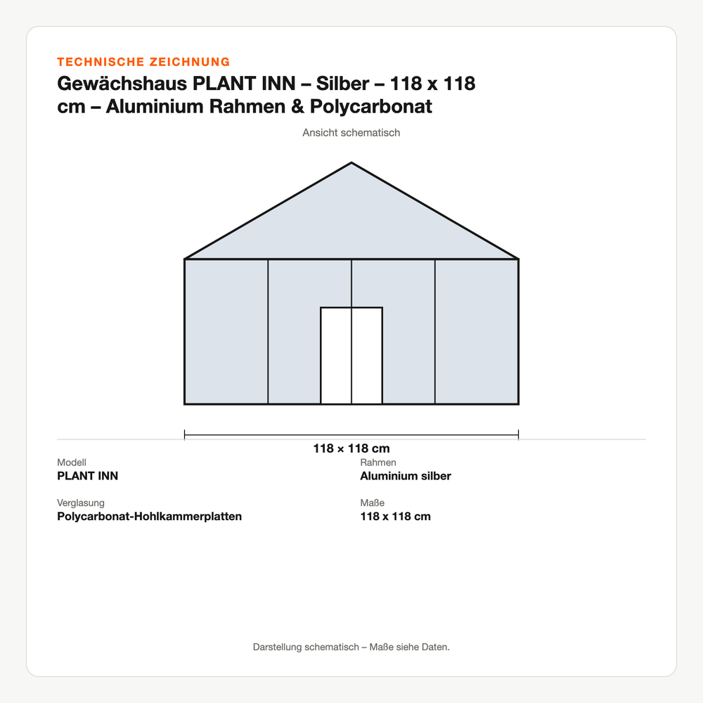 Technische Zeichnung: Gewächshaus PLANT INN – Silber – 118 x 118 cm – Aluminium Rahmen & Polycarbonat