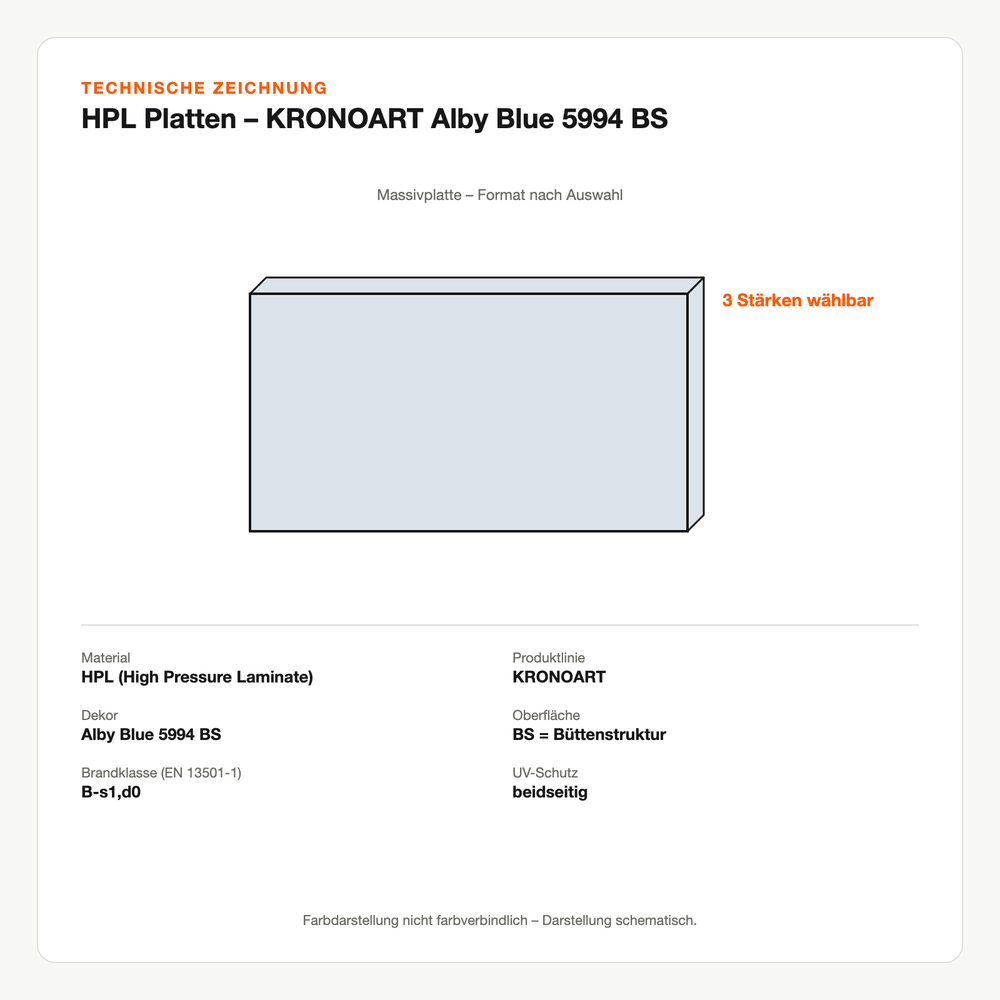 Technische Zeichnung: HPL Platten – KRONOART® Alby Blue 5994 BS