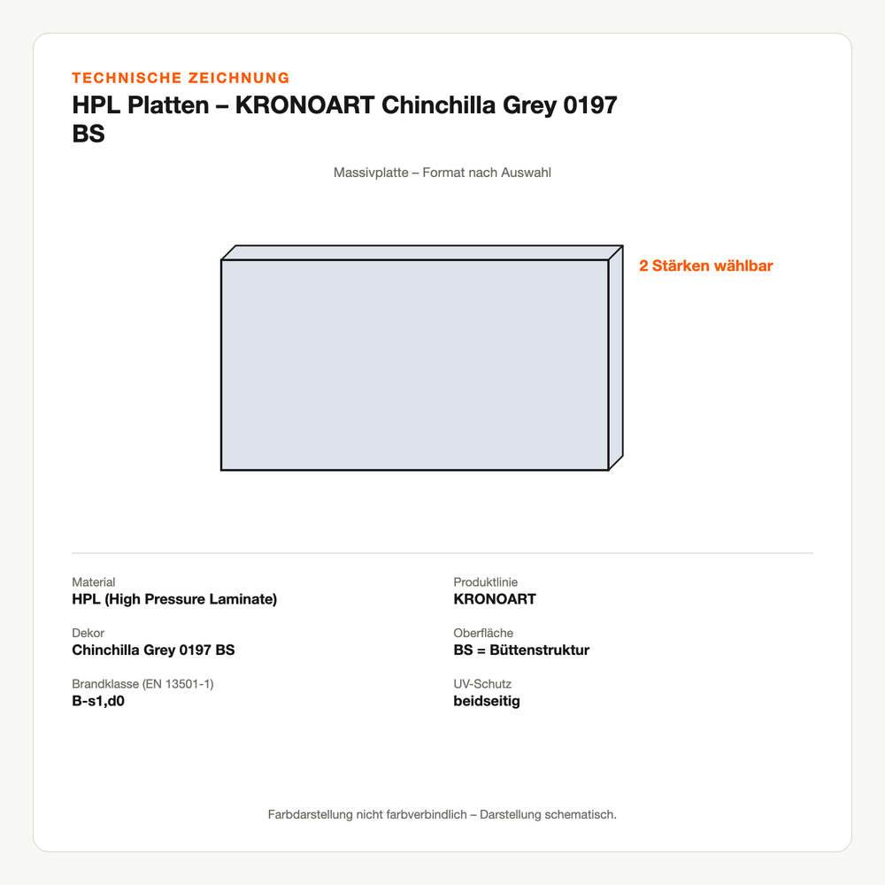 Technische Zeichnung: HPL Platten – KRONOART® Chinchilla Grey 0197 BS