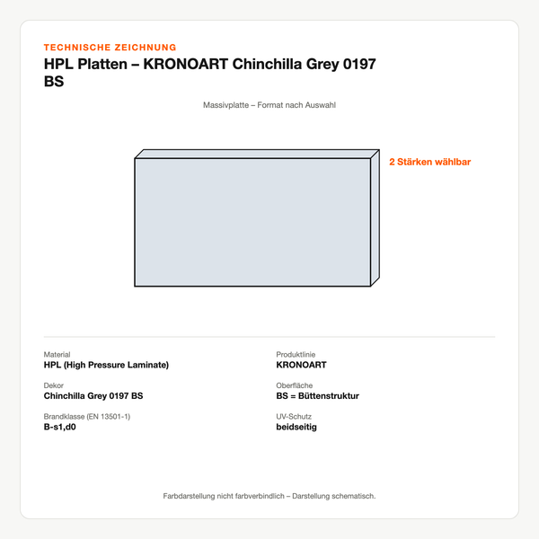 Technische Zeichnung: HPL Platten – KRONOART® Chinchilla Grey 0197 BS