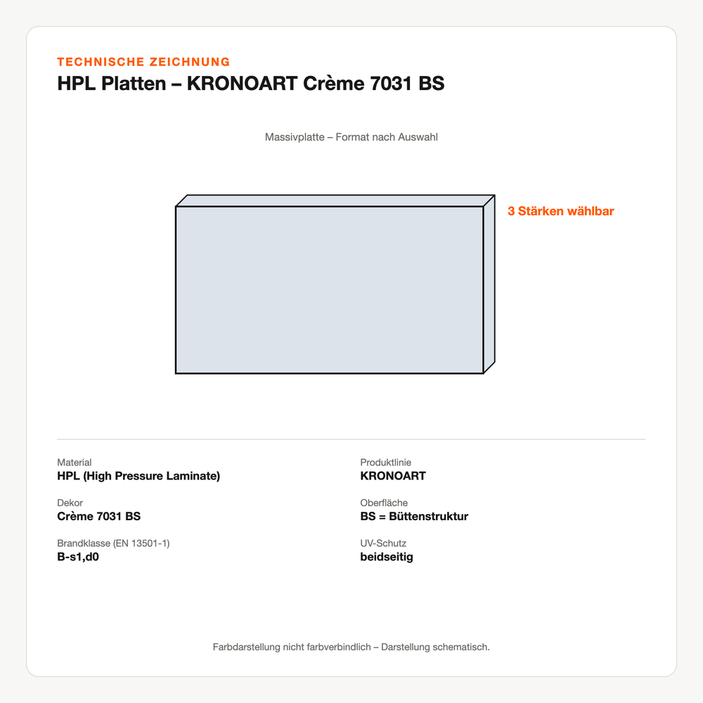 Technische Zeichnung: HPL Platten – KRONOART® Crème 7031 BS
