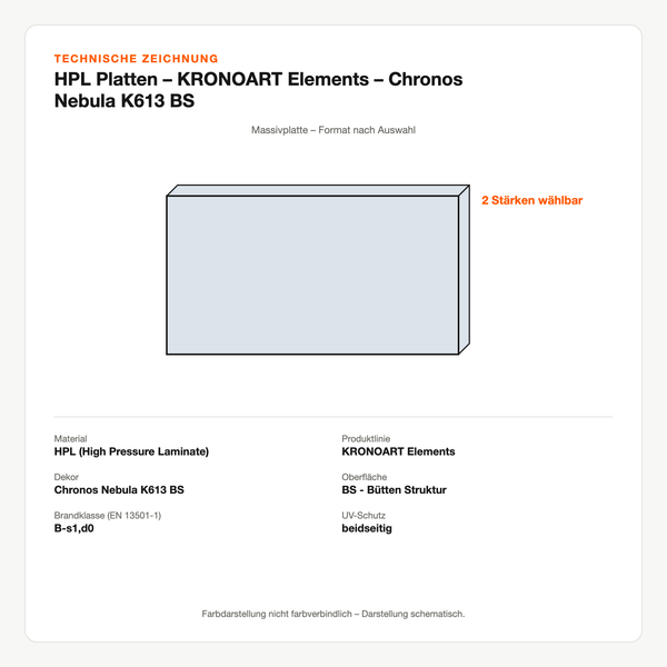 Technische Zeichnung: HPL Platten – KRONOART® Elements – Chronos Nebula K613 BS