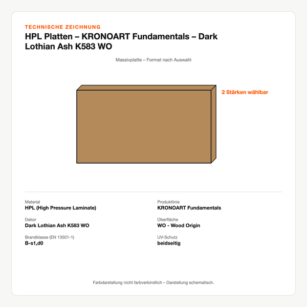 Technische Zeichnung: HPL Platten – KRONOART® Fundamentals – Dark Lothian Ash K583 WO
