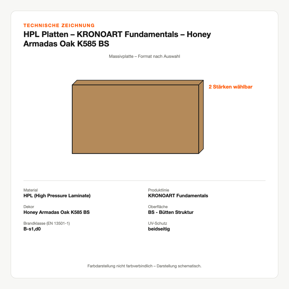 Technische Zeichnung: HPL Platten – KRONOART® Fundamentals – Honey Armadas Oak K585 BS