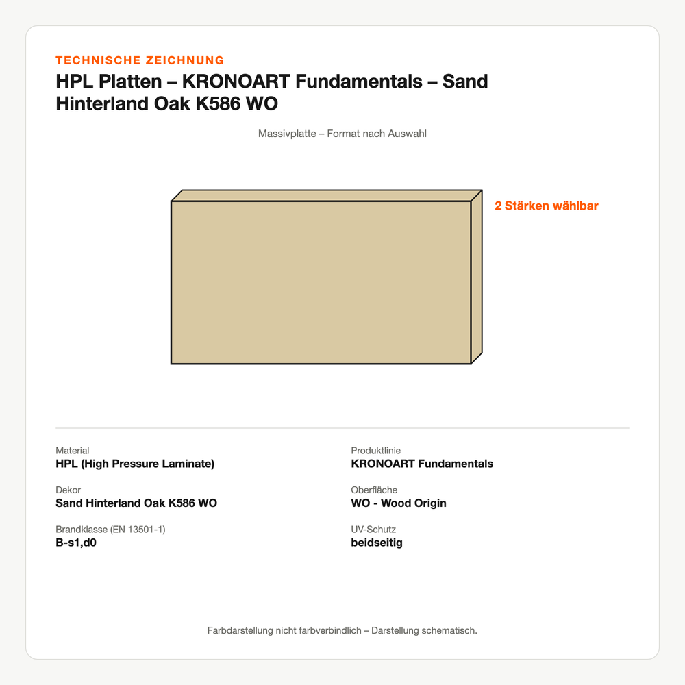 Technische Zeichnung: HPL Platten – KRONOART® Fundamentals – Sand Hinterland Oak K586 WO