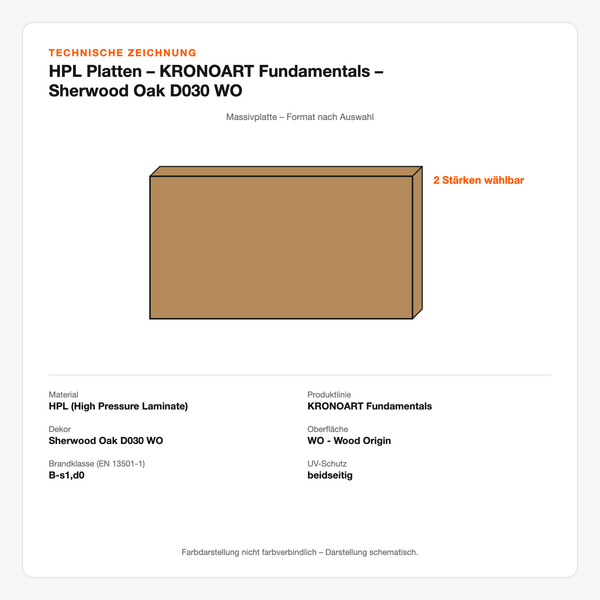 Technische Zeichnung: HPL Platten – KRONOART® Fundamentals – Sherwood Oak D030 WO
