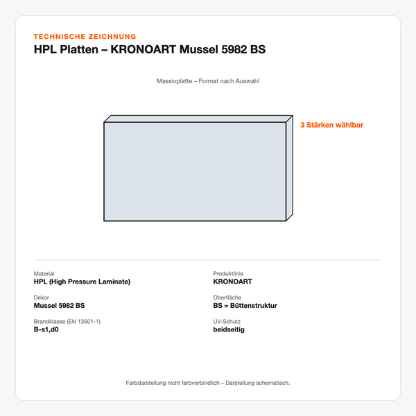 Technische Zeichnung: HPL Platten – KRONOART® Mussel 5982 BS