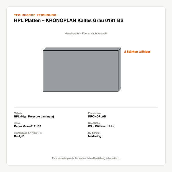 Technische Zeichnung: HPL Platten – KRONOPLAN® Kaltes Grau 0191 BS