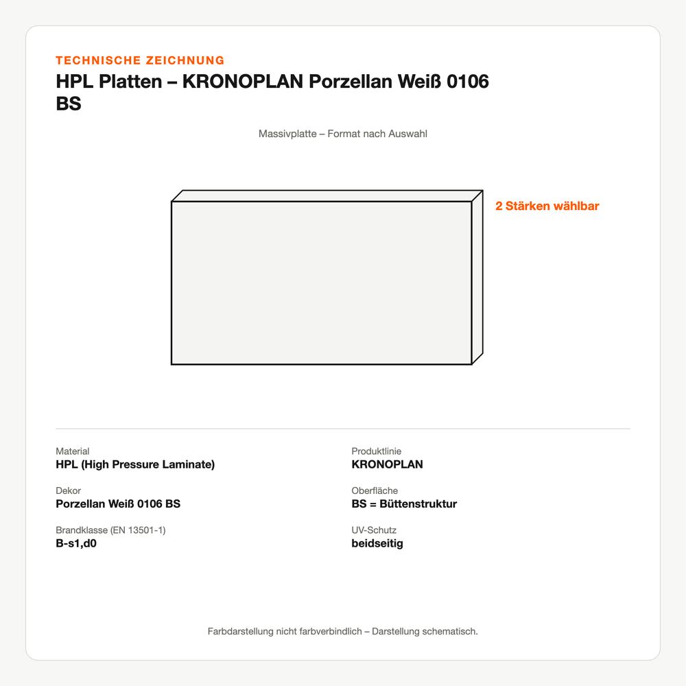 Technische Zeichnung: HPL Platten – KRONOPLAN® Porzellan Weiß 0106 BS