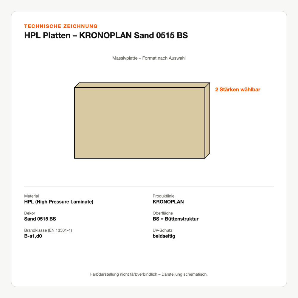 Technische Zeichnung: HPL Platten – KRONOPLAN® Sand 0515 BS