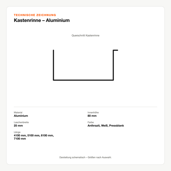 Technische Zeichnung: Kastenrinne – Aluminium