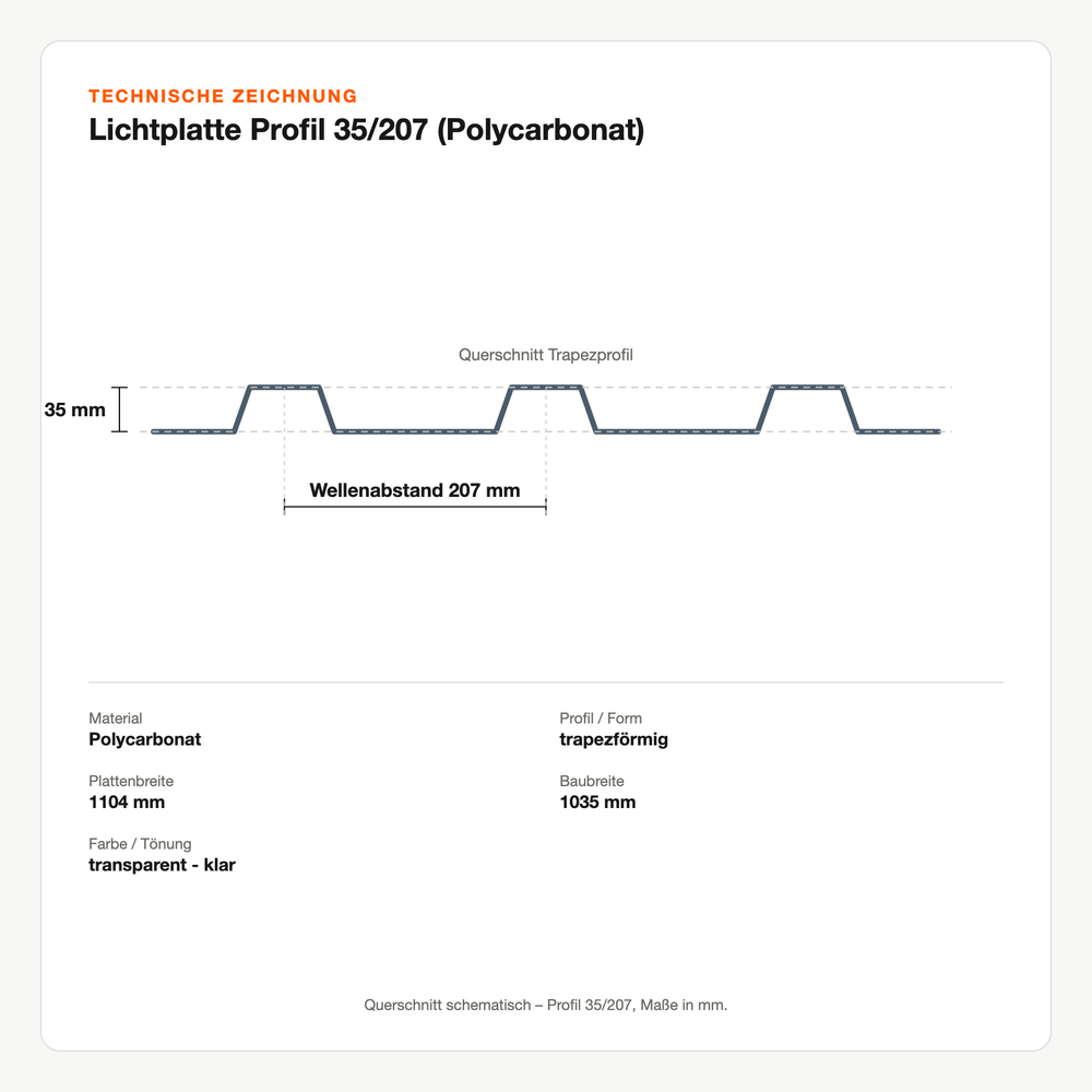 Technische Zeichnung: Lichtplatte Profil 35/207 (Polycarbonat)
