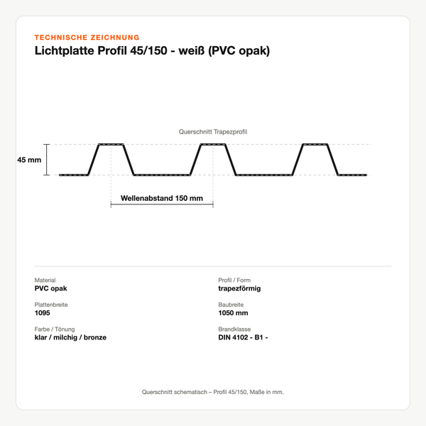 Technische Zeichnung: Lichtplatte Profil 45/150 - weiß (PVC opak)