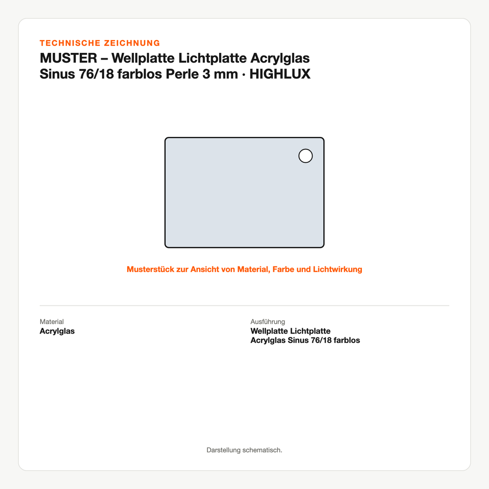 Technische Zeichnung: MUSTER – Wellplatte Lichtplatte Acrylglas Sinus 76/18 farblos Perle 3 mm | HIGHLUX®