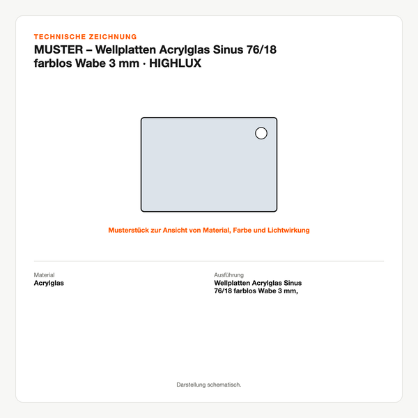 Technische Zeichnung: MUSTER – Wellplatten Acrylglas Sinus 76/18 farblos Wabe 3 mm | HIGHLUX®