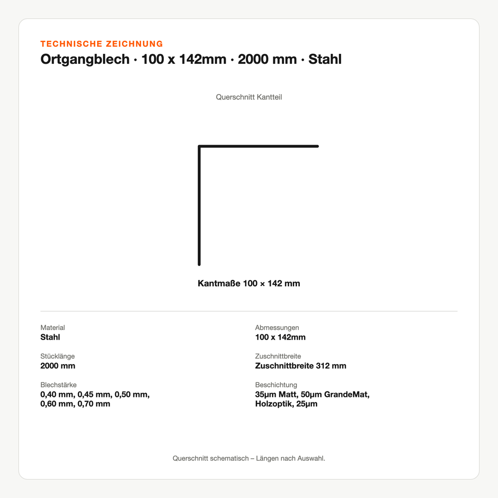 Technische Zeichnung: Ortgangblech | 100 x 142mm | 2000 mm | Stahl
