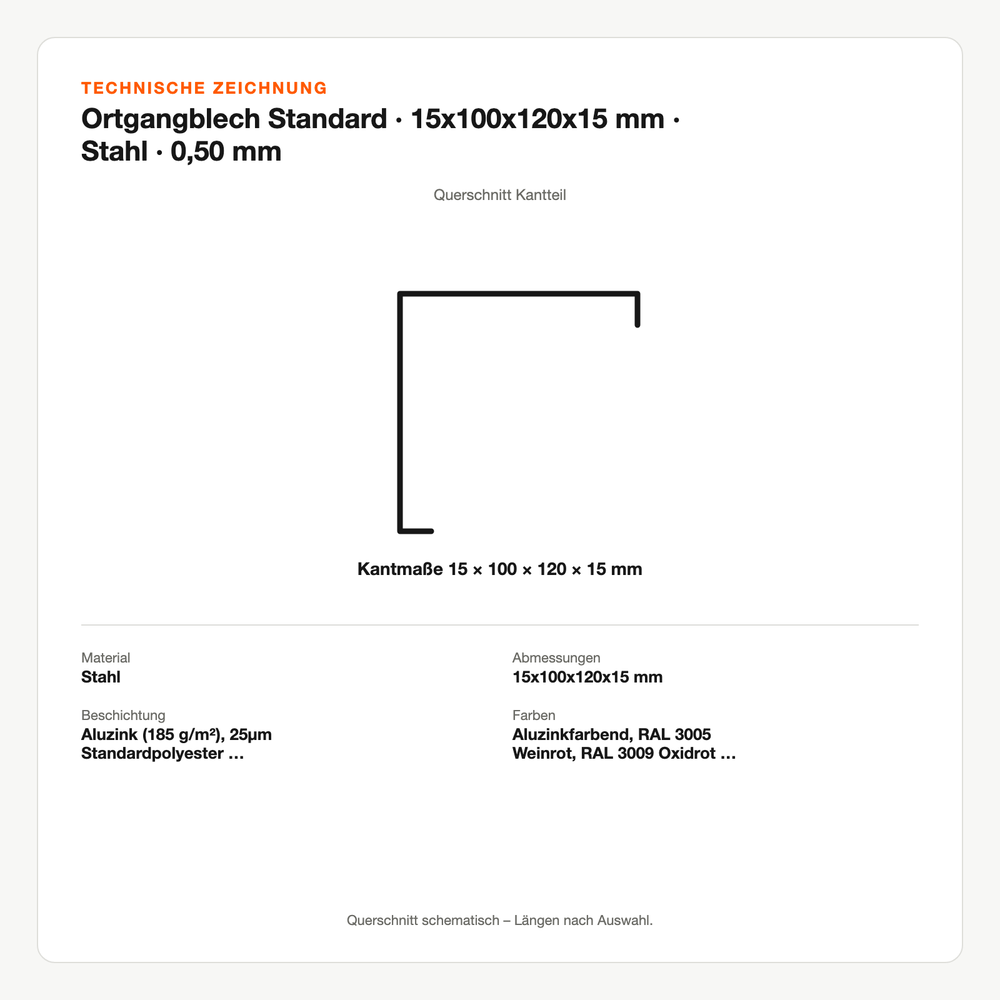Technische Zeichnung: Ortgangblech Standard | 15x100x120x15 mm | Stahl | 0,50 mm