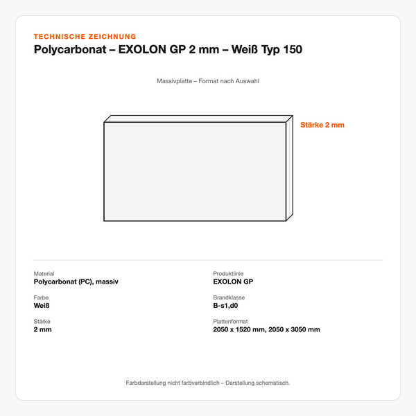 Technische Zeichnung: Polycarbonat – EXOLON® GP 2 mm – Weiß Typ 150