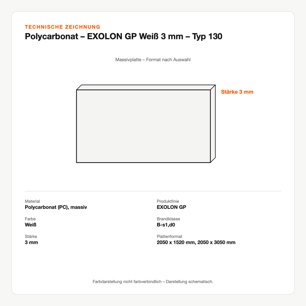 Technische Zeichnung: Polycarbonat – EXOLON® GP Weiß 3 mm – Typ 130