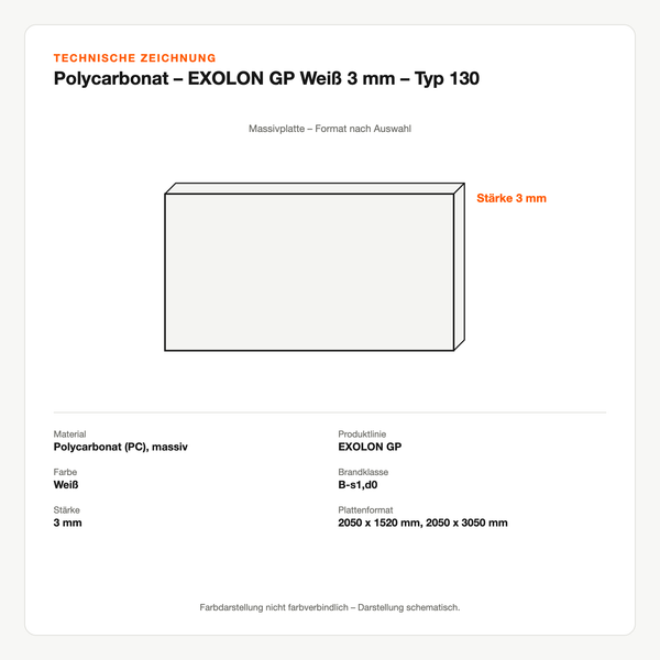 Technische Zeichnung: Polycarbonat – EXOLON® GP Weiß 3 mm – Typ 130