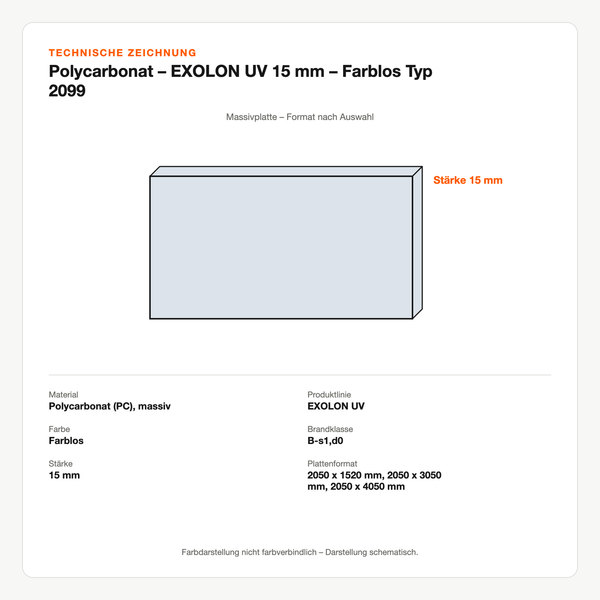 Technische Zeichnung: Polycarbonat – EXOLON® UV 15 mm – Farblos Typ 2099