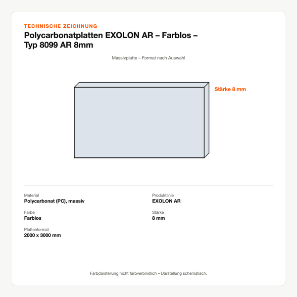 Technische Zeichnung: Polycarbonatplatten EXOLON® AR – Farblos – Typ 8099 AR 8mm