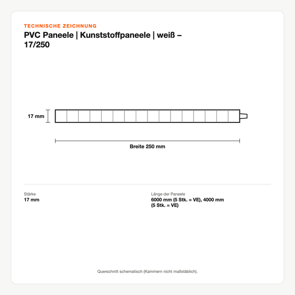 Technische Zeichnung: PVC Paneele | Kunststoffpaneele | weiß – 17/250