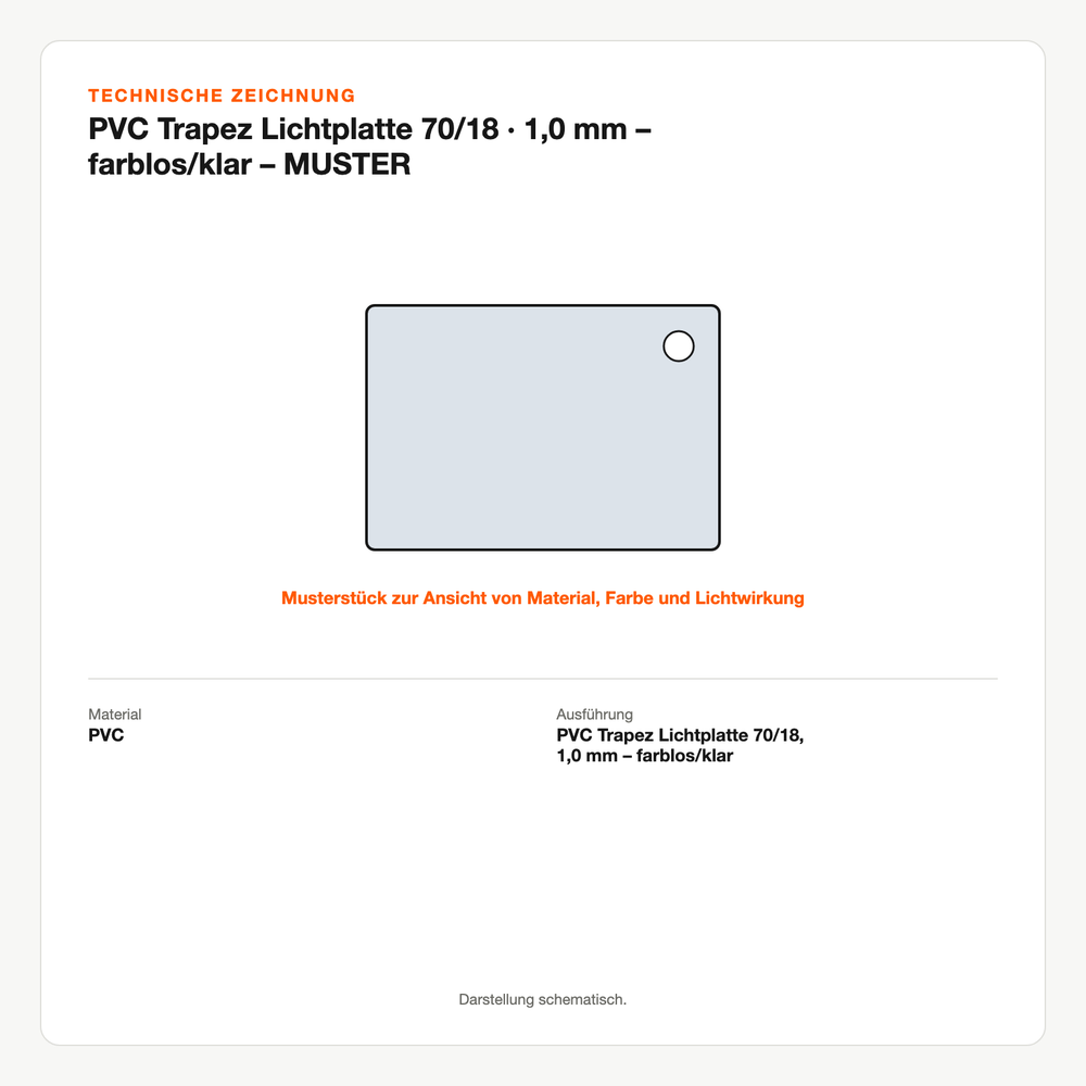 Technische Zeichnung: PVC Trapez Lichtplatte 70/18 | 1,0 mm – farblos/klar – MUSTER