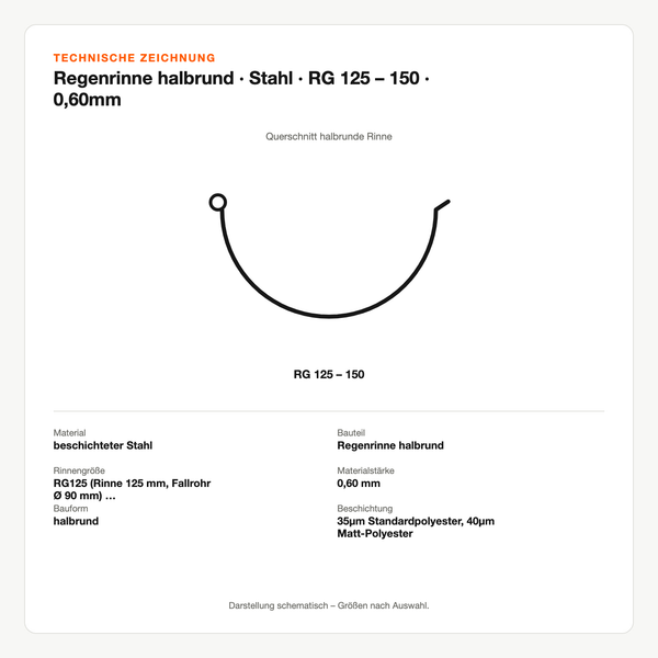 Technische Zeichnung: Regenrinne halbrund | Stahl | RG 125 – 150 | 0,60mm