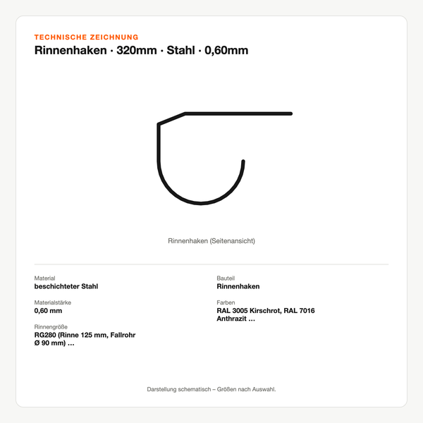 Technische Zeichnung: Rinnenhaken | 320mm | Stahl | 0,60mm