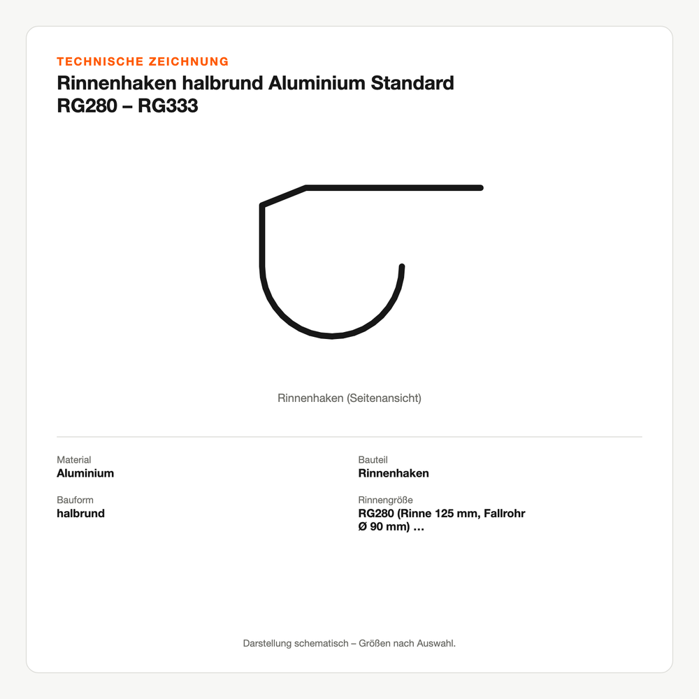 Technische Zeichnung: Rinnenhaken halbrund Aluminium Standard RG280 – RG333