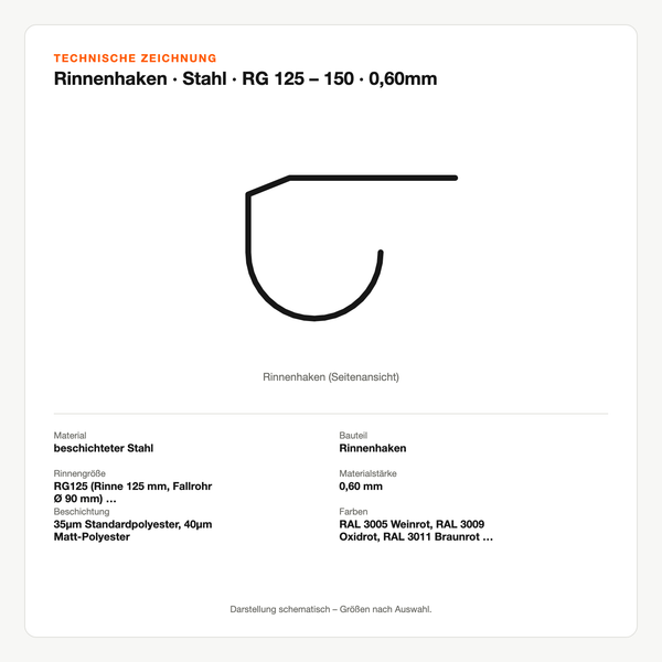 Technische Zeichnung: Rinnenhaken | Stahl | RG 125 – 150 | 0,60mm