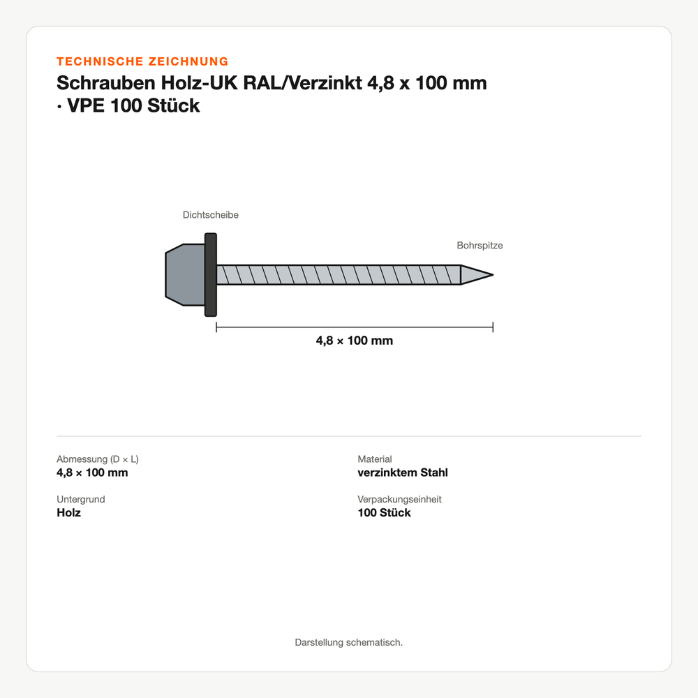 Technische Zeichnung: Schrauben Holz-UK RAL/Verzinkt 4,8 x 100 mm | VPE 100 Stück